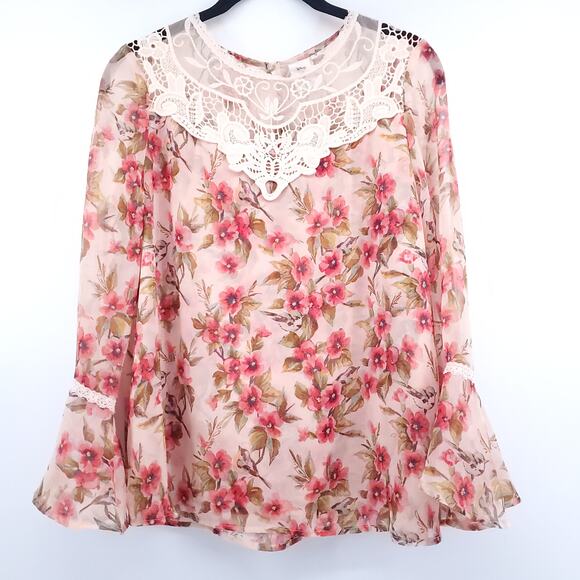 Disney Lauren Conrad Tops - Disney Lauren Conrad Collab Sheer Lace Floral Blouse Bell Sleeve Lace Neckline M